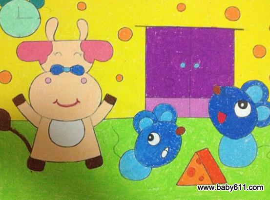 幼儿绘画作品:小牛和小老鼠