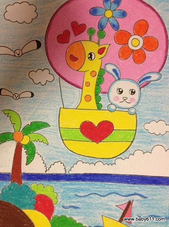 幼儿绘画作品:长颈鹿热气球